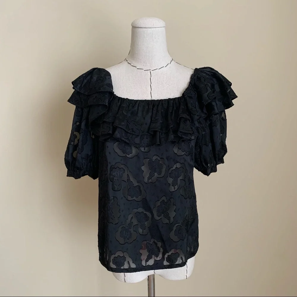 Rebecca Taylor Satin Jacquard Ruffle Top Blouse sz 0 XS - Picture 3 of 14